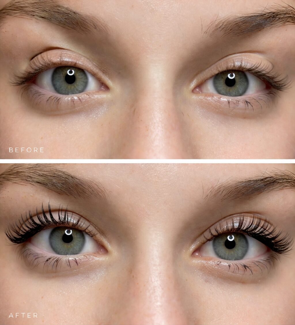 Eyelash extension before and after in Auburn, AL showcasing noticeable enhancement and volume.